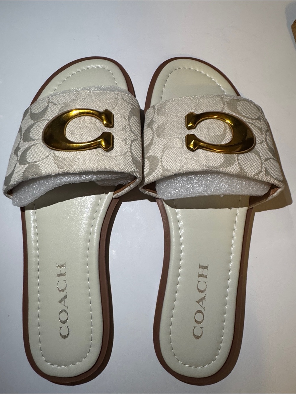 Coach Cream Signature Slide Sandals with Gold 'C' Accent - Women's